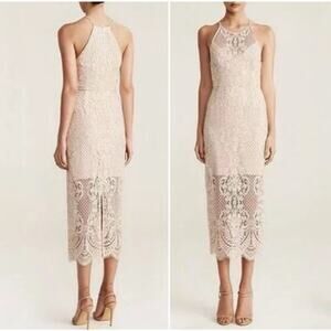 Shona Joy Lace High Neck Midi Dress Beige NWT Sz 14 Lined Scalloped Hem Bridal